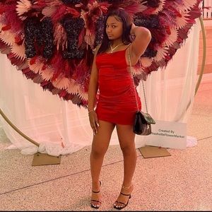 Red satin backless mini dress